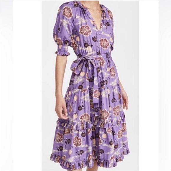 NWOT Ulla Johnson Dasha Popelin Ruffle Tier Purple Zinnia Floral Midi Dress - Picture 11 of 16